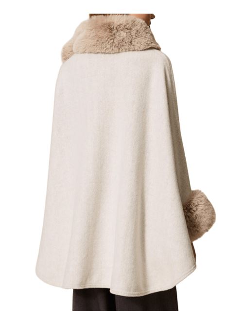 Poncho da donna in panno con eco pelliccia, color neve TWINSET | 252TO513000282